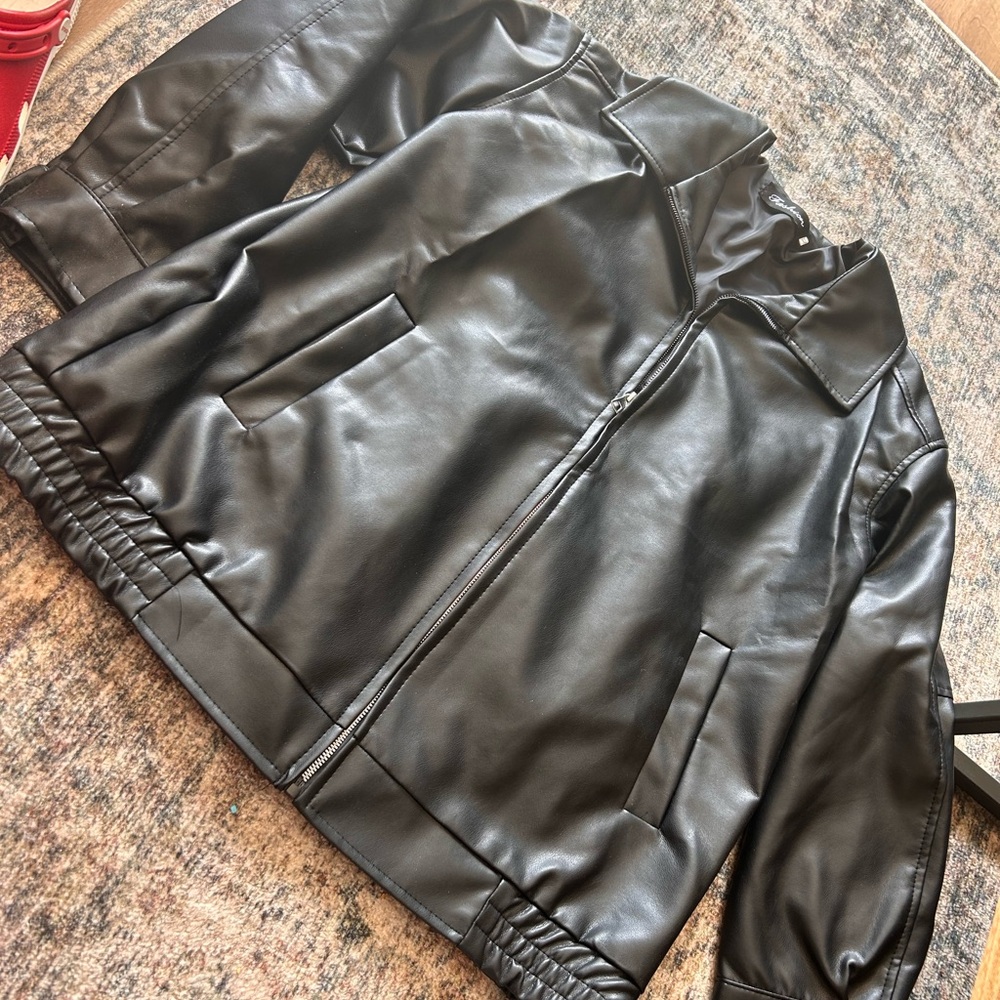 Women's Black Faux Leather Zip Jacket